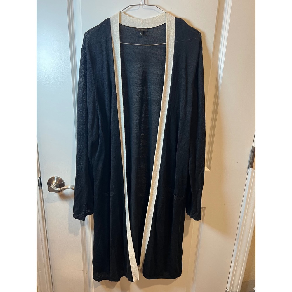 Talbots Women Longline Cardigan Linen Blend Contrast Trim Black 2X